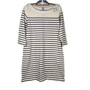 LL Bean Heritage Mariner Navy‎ Cream Boatneck Cotton Dress Pockets Size M NWT